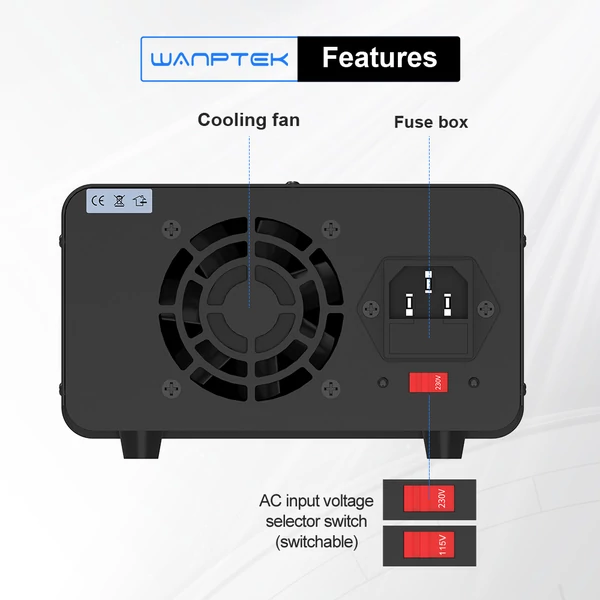 WANPTEK TPS305 állítható DC tápegység, 30V 5A, kódolóval, USB-C gyorstöltés, 4-jegyű kijelző, alacsony zaj, hűtőventilátor - fekete