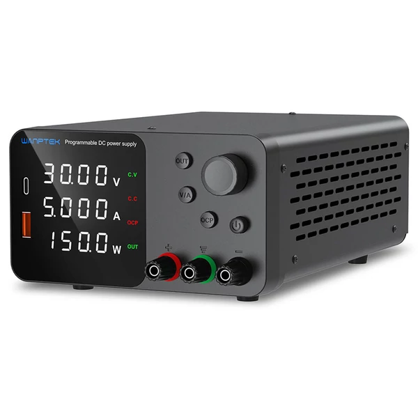 WANPTEK TPS305 állítható DC tápegység, 30V 5A, kódolóval, USB-C gyorstöltés, 4-jegyű kijelző, alacsony zaj, hűtőventilátor - fekete