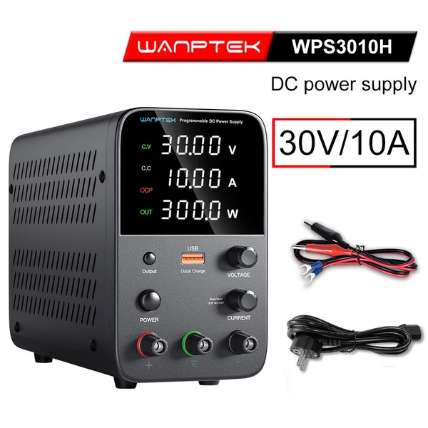 WANPTEK WPS3010 programozható DC tápegység, 30V 10A, USB gyorstöltés, intelligens hőmérséklet-szabályzás, 4-jegyű kijelző, alacsony zajszint - fekete
