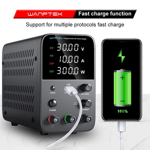 WANPTEK WPS3010 programozható DC tápegység, 30V 10A, USB gyorstöltés, intelligens hőmérséklet-szabályzás, 4-jegyű kijelző, alacsony zajszint - fekete