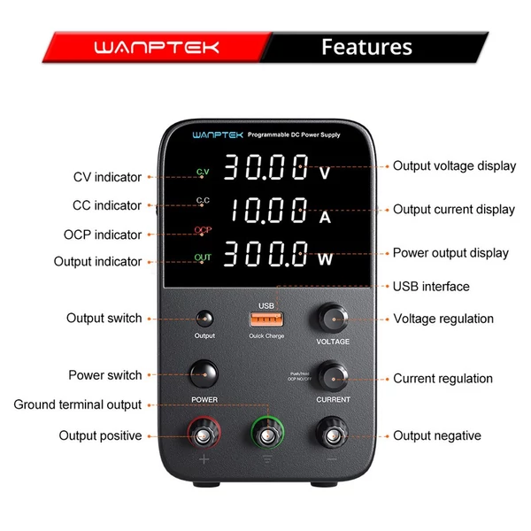 WANPTEK WPS3010 programozható DC tápegység, 30V 10A, USB gyorstöltés, intelligens hőmérséklet-szabályzás, 4-jegyű kijelző, alacsony zajszint - fekete