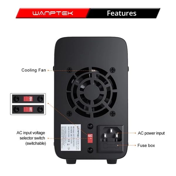 WANPTEK WPS3010 programozható DC tápegység, 30V 10A, USB gyorstöltés, intelligens hőmérséklet-szabályzás, 4-jegyű kijelző, alacsony zajszint - fekete