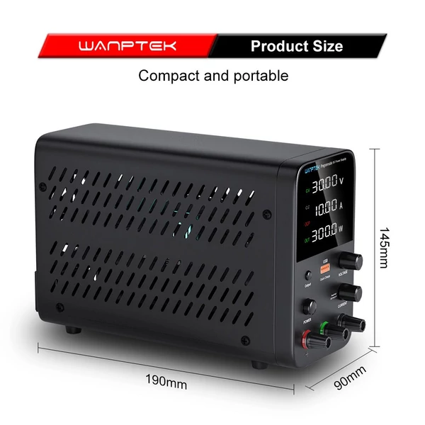 WANPTEK WPS3010 programozható DC tápegység, 30V 10A, USB gyorstöltés, intelligens hőmérséklet-szabályzás, 4-jegyű kijelző, alacsony zajszint - fekete