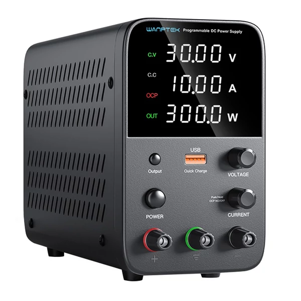 WANPTEK WPS3010 programozható DC tápegység, 30V 10A, USB gyorstöltés, intelligens hőmérséklet-szabályzás, 4-jegyű kijelző, alacsony zajszint - fekete