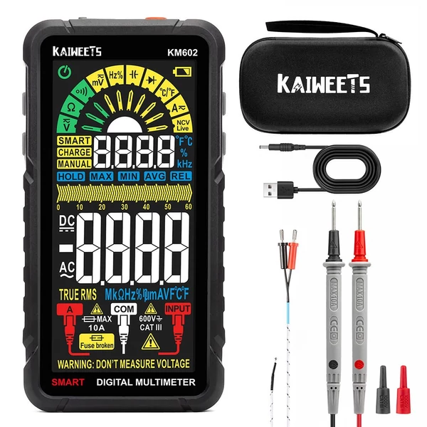 KAIWEETS KM602 okos digitális multiméter – True RMS, 6000 számlálás, újratölthető akkumulátor, beépített zseblámpa