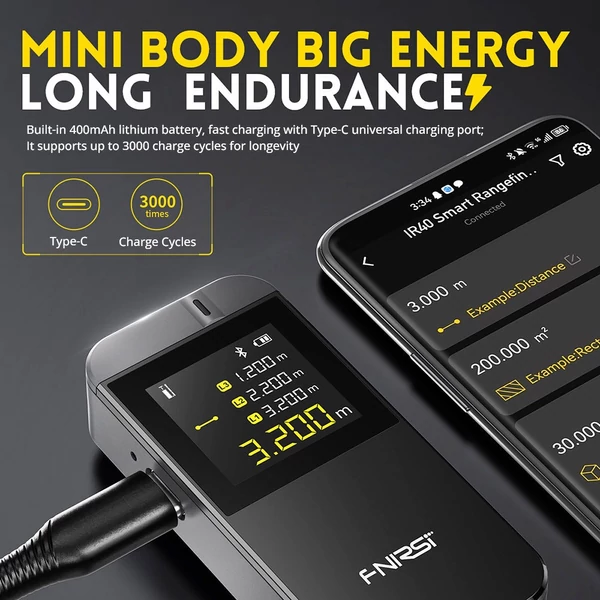 FNIRSI IR40 okos lézeres távolságmérő, 40 m hatótáv, 360° gravitációs szenzor, app kapcsolat, 400mAh akkumulátor