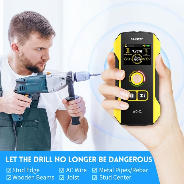 FNIRSI WD-02 falérzékelő, fém/fa/AC vezeték mód, 3 szintű érzékenység, pozícionáló lyuk, TFT kijelző, 300mAh akku