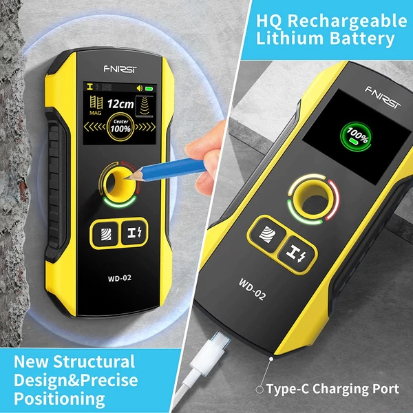 FNIRSI WD-02 falérzékelő, fém/fa/AC vezeték mód, 3 szintű érzékenység, pozícionáló lyuk, TFT kijelző, 300mAh akku
