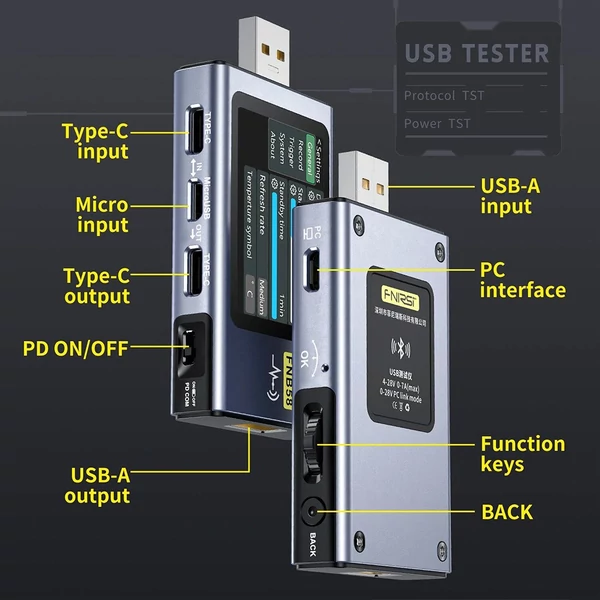 FNIRSI FNB58 USB feszültség- és árammérő Bluetooth-tal, gyorstöltés-érzékeléssel, 4-28V, 7A, 5 port, 2.0 IPS kijelző, protokollokkal
