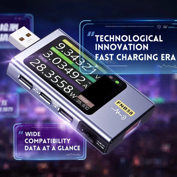 FNIRSI FNB58 USB feszültség- és árammérő Bluetooth-tal, gyorstöltés-érzékeléssel, 4-28V, 7A, 5 port, 2.0 IPS kijelző, protokollokkal