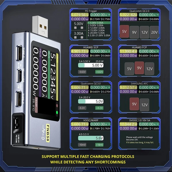 FNIRSI FNB58 USB feszültség- és árammérő Bluetooth-tal, gyorstöltés-érzékeléssel, 4-28V, 7A, 5 port, 2.0 IPS kijelző, protokollokkal