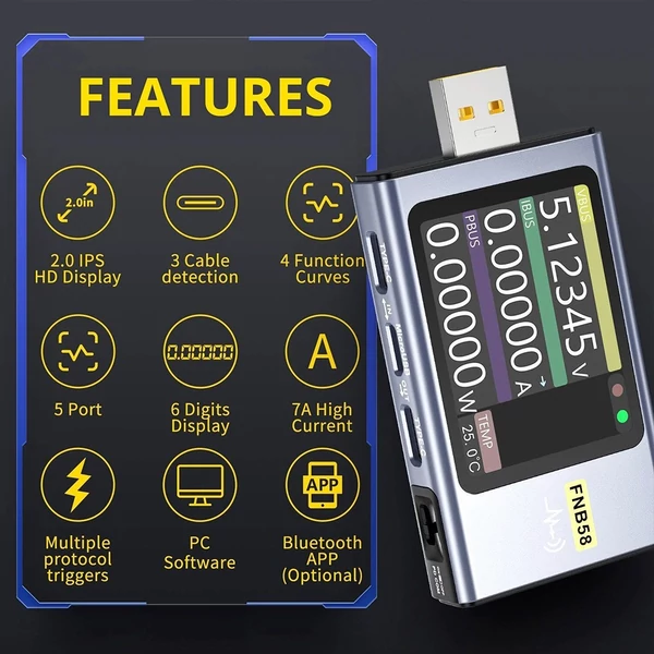 FNIRSI FNB58 USB feszültség- és árammérő Bluetooth-tal, gyorstöltés-érzékeléssel, 4-28V, 7A, 5 port, 2.0 IPS kijelző, protokollokkal