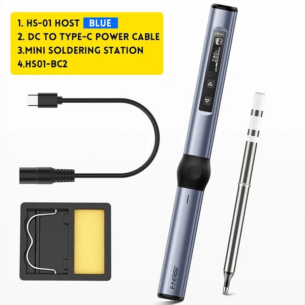 FNIRSI HS-01 okos forrasztópáka készlet, PD 65W, 80–420°C gyors felfűtés, digitális OLED kijelző, automatikus alvó mód - kék