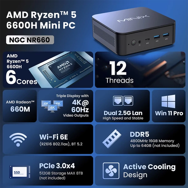 MINIX NGC NR660 Mini PC, Ryzen 5 6600H, 16GB RAM, 512GB SSD, 4K tripla kijelző, WiFi 6E, BT 5.2, VESA konzol