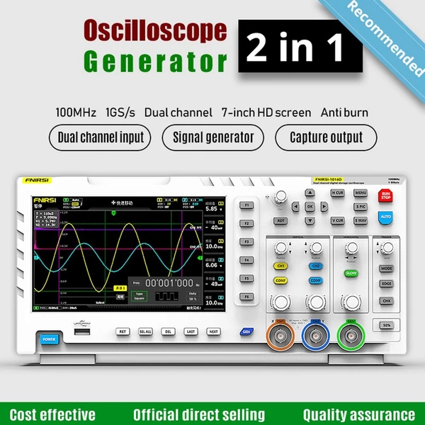 FNIRSI 1014D 2 az 1-ben digitális oszcilloszkóp 100X nagyfeszültségű szondával, DDS jelgenerátor, 2 csatorna, 100MHz, 1GSa/s, 7" LCD kijelző