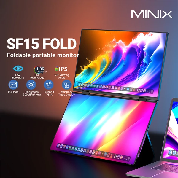 MINIX SF15 összecsukható hordozható monitor, 2×15,6" FHD IPS kijelző, HDR, 178° látószög, beépített hangszórók