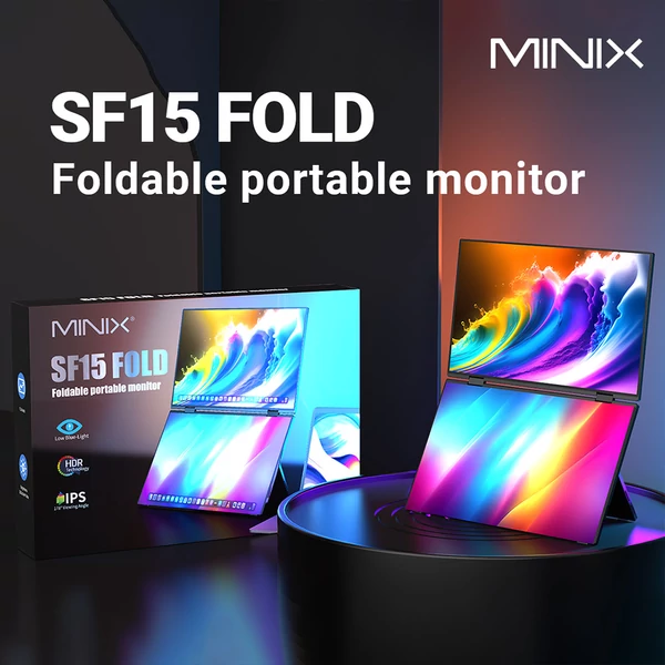 MINIX SF15 összecsukható hordozható monitor, 2×15,6" FHD IPS kijelző, HDR, 178° látószög, beépített hangszórók
