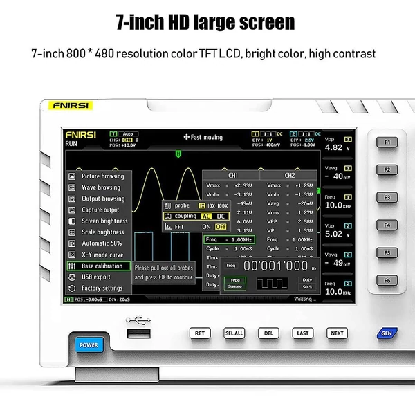 FNIRSI 1014D 2 az 1-ben digitális oszcilloszkóp, 2 csatorna, 100MHz sávszélesség, 1GSa/s mintavétel, DDS jelforrás