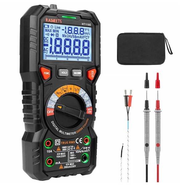 KAIWEETS HT118E digitális multiméter – TRMS, 20 000 kijelzés, 2,7" LED kijelző, AC/DC automatikus tartományváltás