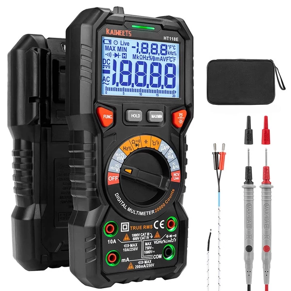 KAIWEETS HT118E digitális multiméter – TRMS, 20 000 kijelzés, 2,7" LED kijelző, AC/DC automatikus tartományváltás