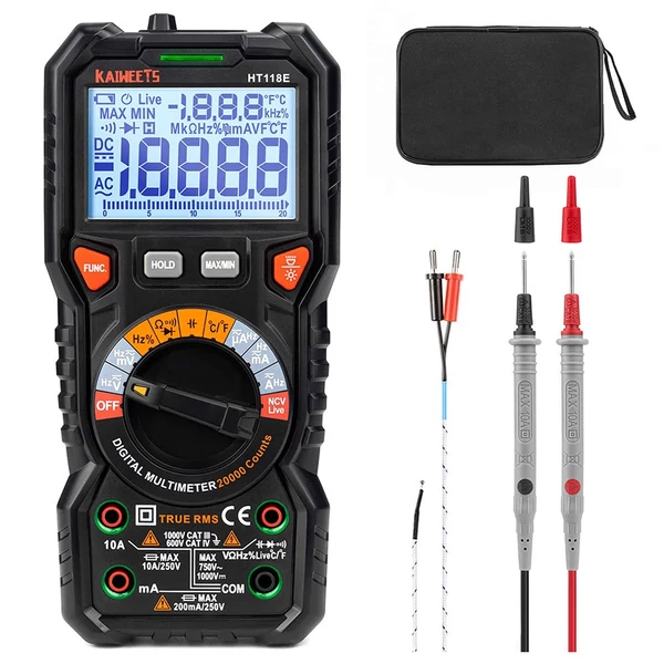 KAIWEETS HT118E digitális multiméter – TRMS, 20 000 kijelzés, 2,7" LED kijelző, AC/DC automatikus tartományváltás