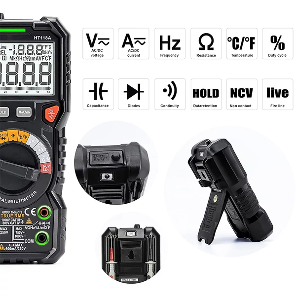 KAIWEETS HT118A digitális multiméter – TRMS, 6000 kijelzés, automata tartomány, AC/DC feszültség/áram/ellenállás mérő
