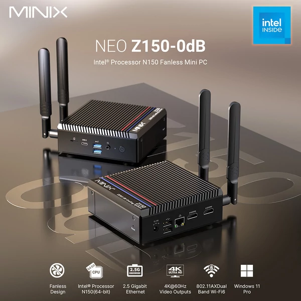 MINIX Z150-0dB ventilátor nélküli mini PC, Intel N150, 2xHDMI 4K, WiFi 6, BT 5.2, USB-C, USB 3.2, RJ45 - 16GB RAM, 512GB SSD