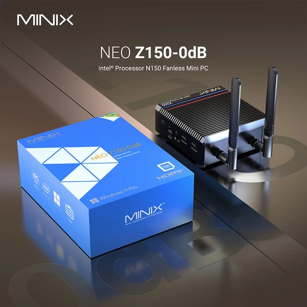 MINIX Z150-0dB ventilátor nélküli mini PC, Intel N150, 2xHDMI 4K, WiFi 6, BT 5.2, USB-C, USB 3.2, RJ45 - 16GB RAM, 512GB SSD