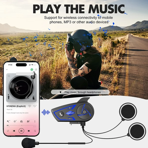 Houtonsen S3 motoros sisak headset, 1000 m intercom, 30 óra üzemidő, RGB fény, Bluetooth 5.1, Type-C, IP67 vízálló - 1 db