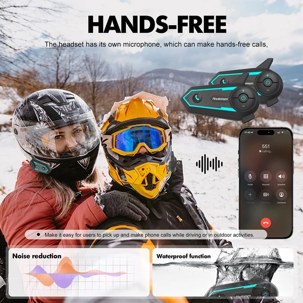 Houtonsen S6 motoros sisak headset, 1000m intercom, hangnavigáció, Bluetooth 5.1, 30h üzemidő, Type-C, IP65 vízálló - 2 db-os csomag