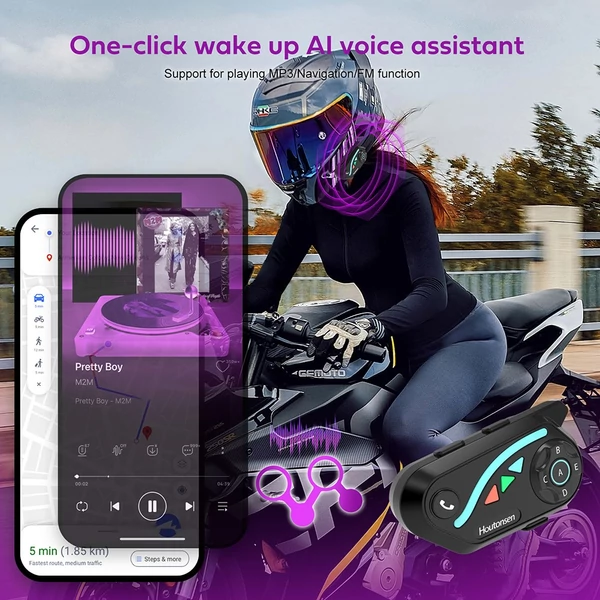 Houtonsen V8 Plus motoros sisak headset, 1000m 2 fős intercom, 30h üzemidő, zajszűrés, MP3/GPS/FM, AI asszisztens, IPX67, Bluetooth 5.2