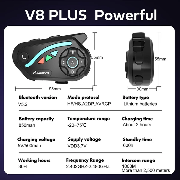Houtonsen V8 Plus motoros sisak headset, 1000m 2 fős intercom, 30h üzemidő, zajszűrés, MP3/GPS/FM, AI asszisztens, IPX67, Bluetooth 5.2