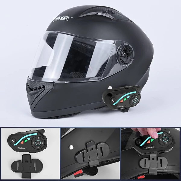 Houtonsen V8 Plus motoros sisak headset, 1000m 2 fős intercom, 30h üzemidő, zajszűrés, MP3/GPS/FM, AI asszisztens, IPX67, Bluetooth 5.2