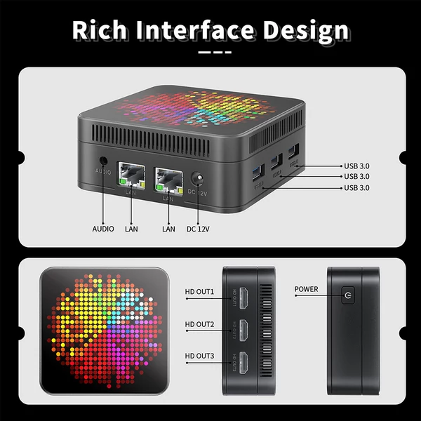RUPA HSI-95MINI Mini PC, Intel N95 (4 mag, max. 3,4GHz), 8GB RAM, 256GB SSD, 3×HDMI 4K, WiFi 5, Bluetooth 5.0, 3×USB 3.0, 2×RJ45, 3,5mm jack