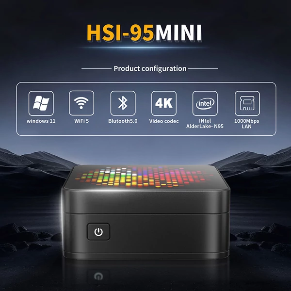 RUPA HSI-95MINI Mini PC, Intel N95 (4 mag, max. 3,4GHz), 8GB RAM, 256GB SSD, 3×HDMI 4K, WiFi 5, Bluetooth 5.0, 3×USB 3.0, 2×RJ45, 3,5mm jack