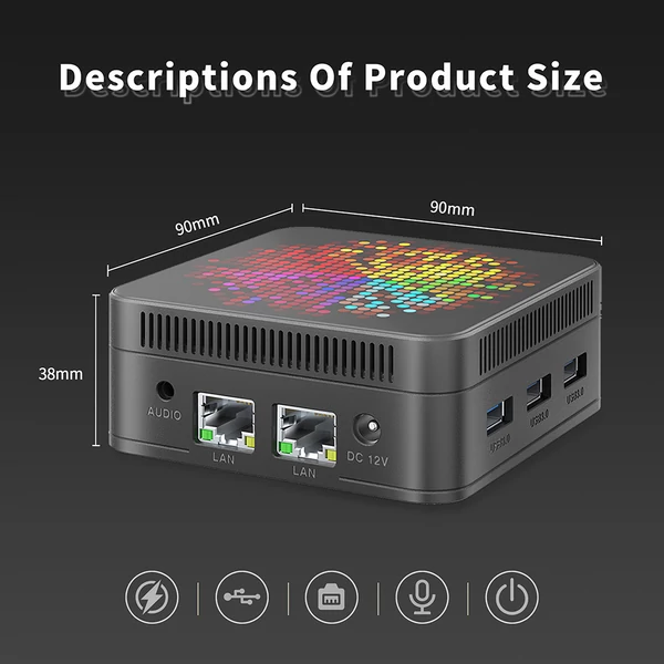 RUPA HSI-95MINI Mini PC, Intel N95 (4 mag, max. 3,4GHz), 8GB RAM, 256GB SSD, 3×HDMI 4K, WiFi 5, Bluetooth 5.0, 3×USB 3.0, 2×RJ45, 3,5mm jack