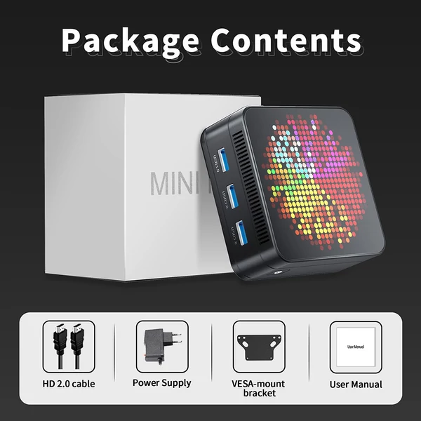 RUPA HSI-95MINI Mini PC, Intel N95 (4 mag, max. 3,4GHz), 8GB RAM, 256GB SSD, 3×HDMI 4K, WiFi 5, Bluetooth 5.0, 3×USB 3.0, 2×RJ45, 3,5mm jack