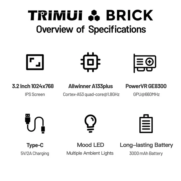 Trimui Brick kézi játékkonzol, 128GB TF kártya, 3.2" 1024x768 IPS kijelző, 8GB eMMC, 5 óra üzemidő, Type-C gyorstöltés, fekete