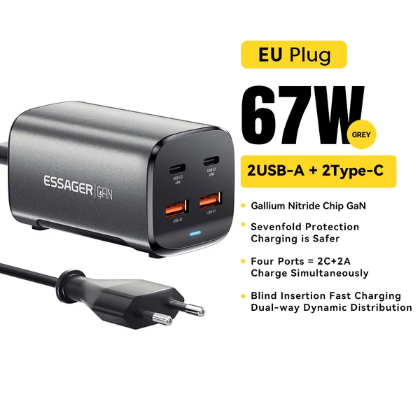 ESSAGER 67W GaN asztali töltő, 2 USB-A + 2 Type-C, PD 3.0 QC 3.0 gyorstöltés, intelligens védelem, MacBook, Samsung, iPhone 15, laptophoz