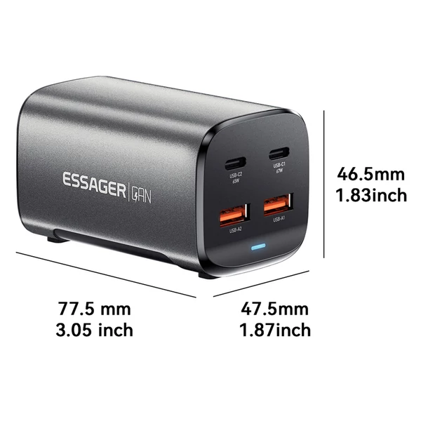 ESSAGER 67W GaN asztali töltő, 2 USB-A + 2 Type-C, PD 3.0 QC 3.0 gyorstöltés, intelligens védelem, MacBook, Samsung, iPhone 15, laptophoz