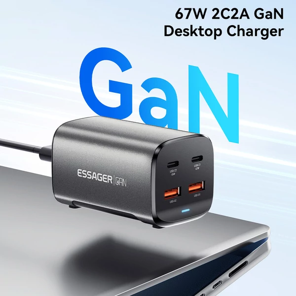 ESSAGER 67W GaN asztali töltő, 2 USB-A + 2 Type-C, PD 3.0 QC 3.0 gyorstöltés, intelligens védelem, MacBook, Samsung, iPhone 15, laptophoz