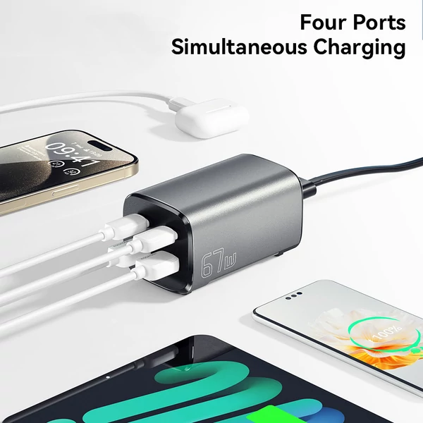ESSAGER 67W GaN asztali töltő, 2 USB-A + 2 Type-C, PD 3.0 QC 3.0 gyorstöltés, intelligens védelem, MacBook, Samsung, iPhone 15, laptophoz