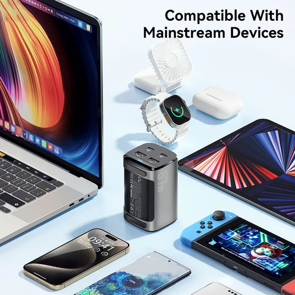 ESSAGER 67W GaN asztali töltő, 2 USB-A + 2 Type-C, PD 3.0 QC 3.0 gyorstöltés, intelligens védelem, MacBook, Samsung, iPhone 15, laptophoz