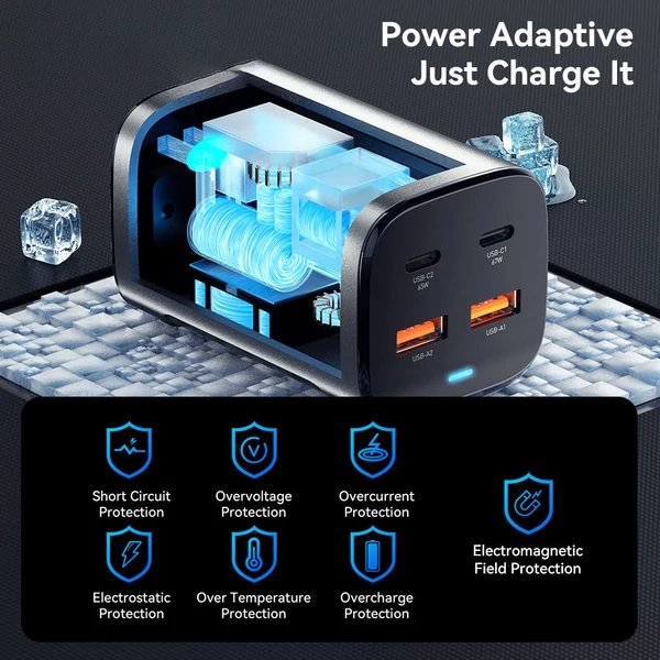 ESSAGER 67W GaN asztali töltő, 2 USB-A + 2 Type-C, PD 3.0 QC 3.0 gyorstöltés, intelligens védelem, MacBook, Samsung, iPhone 15, laptophoz