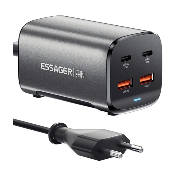 ESSAGER 67W GaN asztali töltő, 2 USB-A + 2 Type-C, PD 3.0 QC 3.0 gyorstöltés, intelligens védelem, MacBook, Samsung, iPhone 15, laptophoz