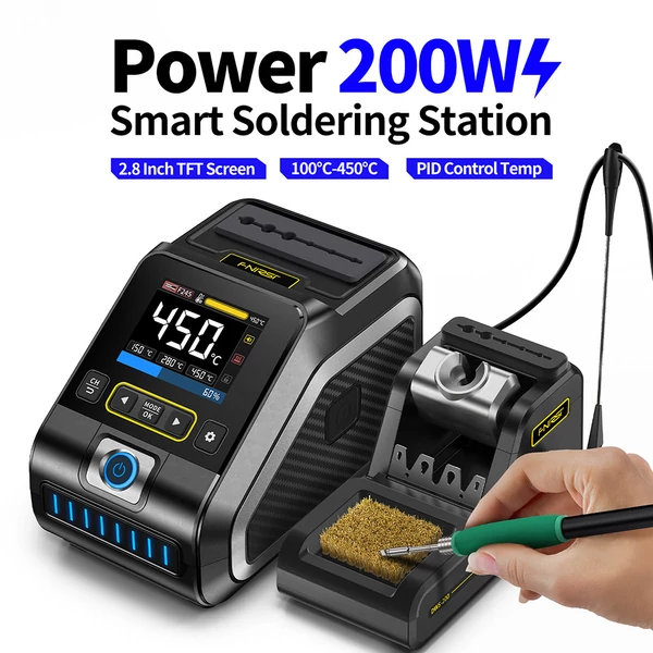 FNIRSI DWS-200 F245 prémium 200W forrasztóállomás 6 heggyel, 2 segédkézzel, színes kijelzővel, hőfok tárolás, görbe mód