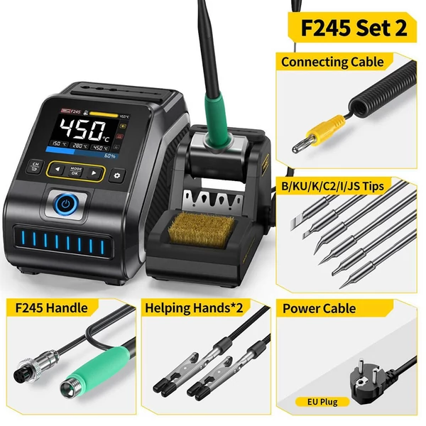 FNIRSI DWS-200 F245 prémium 200W forrasztóállomás 6 heggyel, 2 segédkézzel, színes kijelzővel, hőfok tárolás, görbe mód