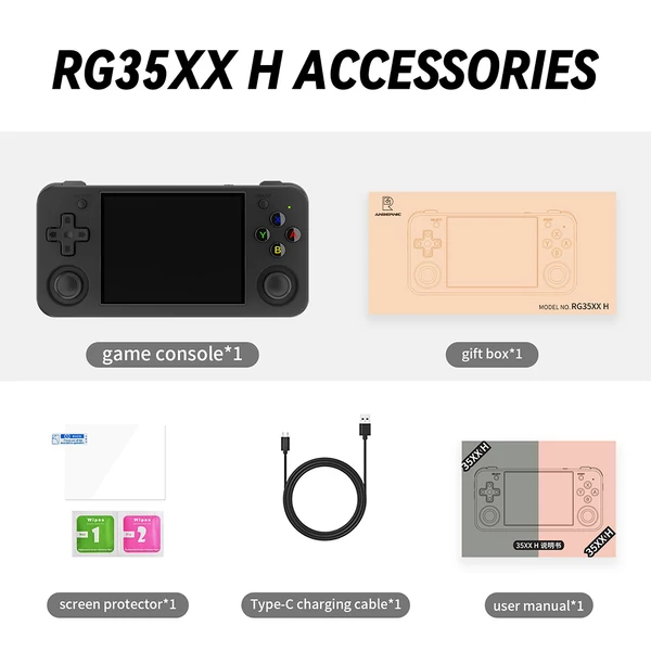 ANBERNIC RG35XX H játékkonzol, 32GB + 64GB TF kártya, 5000+ játék, fekete színben