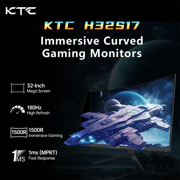 KTC H32S17 32" 1500R ívelt gamer monitor, 2560x1440 QHD, 180Hz, 1ms, HDR10, 99% sRGB, FreeSync/G-SYNC, USB, HDMI2.0, 2xDP1.4, VESA, állítható állvány