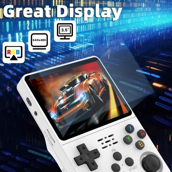 R36S retro játékkonzol, 10 000 játékkal, ArkOS 2.0, 20 emulátor, 3,5" IPS kijelző - Fehér, 64GB kártya